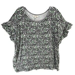 Max Studio Flutter Sleeve Knit Top Womens 1X Black Green Floral Leaf Feminine